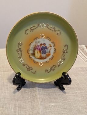 Mid-century Mini Hand Painted Porcelain Plate Japan S.G.K. Gold Gilt Scene 3.5”